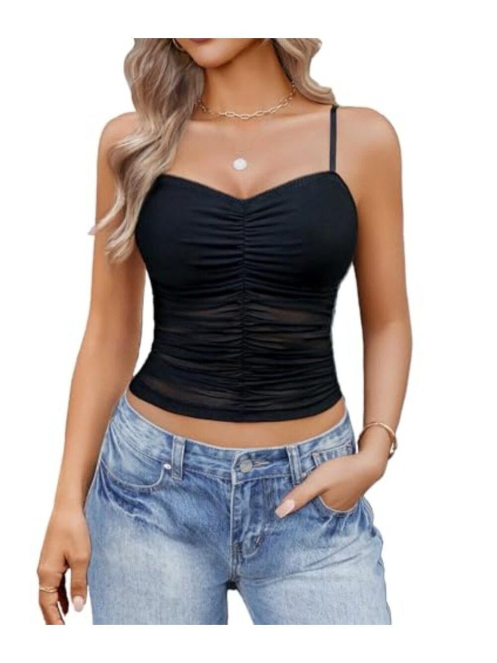 Mesh Cami Crop Top Sleeveless Ruched Y2K Tank Top Adjustable Spaghetti Strap